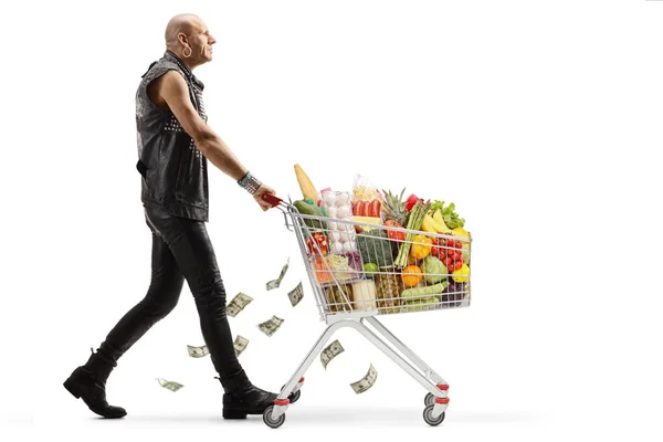 Full Length Profile Shot Punk Walking Shopping Cart Full Food — Stock Photo, Image