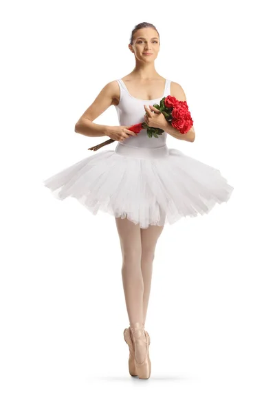 Retrato Completo Una Bailarina Ballet Con Vestido Blanco Sosteniendo Ramo —  Fotos de Stock