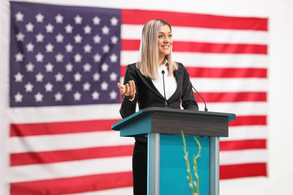 Young American Businesswoman Giving Speech Pedestal — Stock Photo, Image