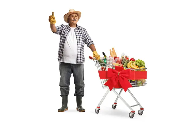 Full Length Portrait Farmer Shopping Cart Full Food Products Waving — Stock Photo, Image