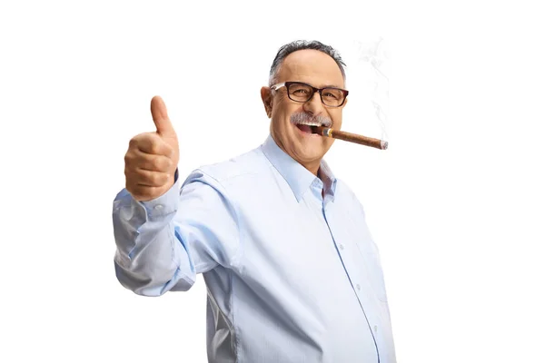 Volwassen Man Roken Een Sigaar Gebaren Duimen Omhoog Geïsoleerd Witte — Stockfoto