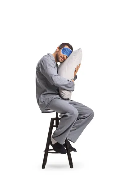 Homme Pyjama Avec Masque Sommeil Serrant Oreiller Assis Sur Une — Photo