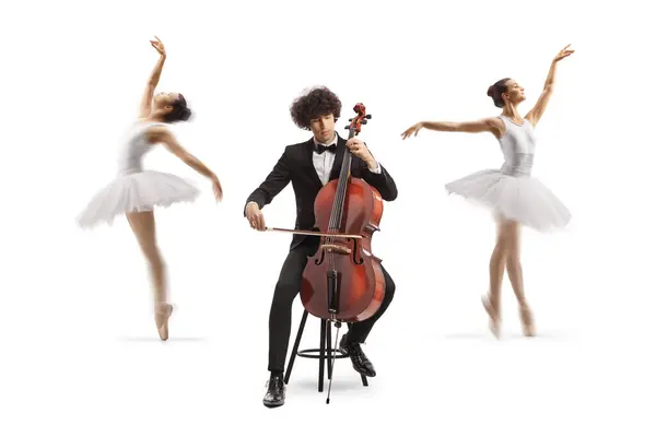 Male Cellist Sitting Chair Performing Ballerinas Dancing Back Isolated White — Stock Photo, Image