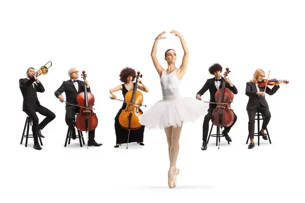 Ballerina Dancing Orchestra Playing Classical Music Isolated White Background — Stock Photo, Image