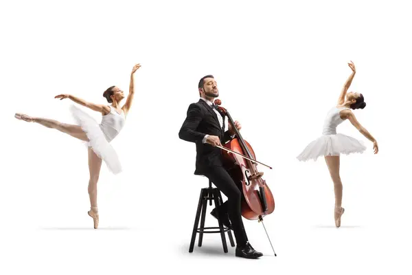 Ballerinas Dancing Male Musician Sitting Chair Playing Cello Isolated White — Stock Photo, Image