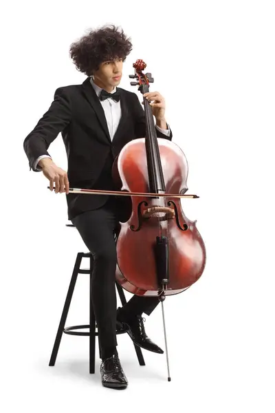 Young Male Artist Sitting Chair Playing Cello Isolated White Background — Stock Photo, Image