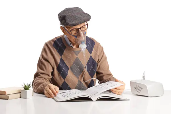 Elderly Man Using Nebulizer Reading Book Isolated White Background — Stock Photo, Image