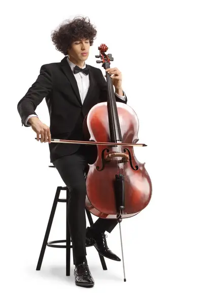 Young Male Musician Sitting Chair Performing Cello Isolated White Background — Stock Photo, Image