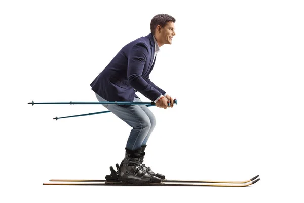 Full Length Profielfoto Van Een Zakenman Ski Geïsoleerd Een Witte — Stockfoto