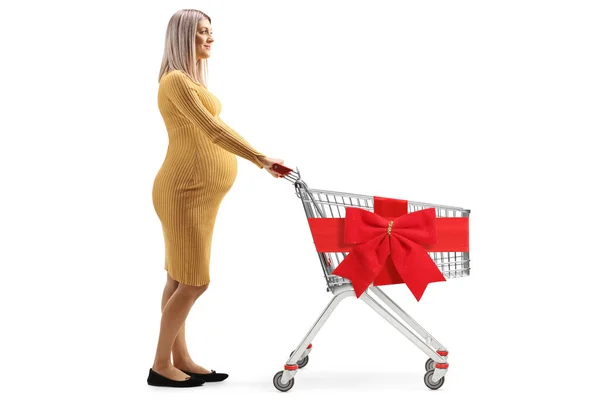 Foto Perfil Longitud Completa Una Mujer Embarazada Empujando Carrito Compras —  Fotos de Stock