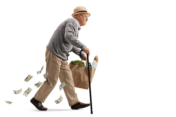 食料品バッグで歩き 白い背景で孤立したお金を失う杖を持つ老人を完全な長さのプロフィールショット — ストック写真