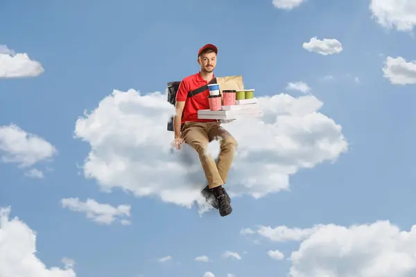 Food Delivery Guy Bag Boxes Sitting Cloud Sky — Stock Photo, Image