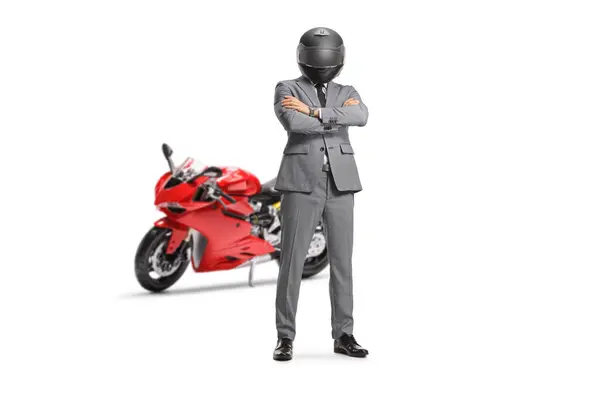 Man Suit Tie Helmet Standing Front Red Motorbike Isolated White — Stock Photo, Image
