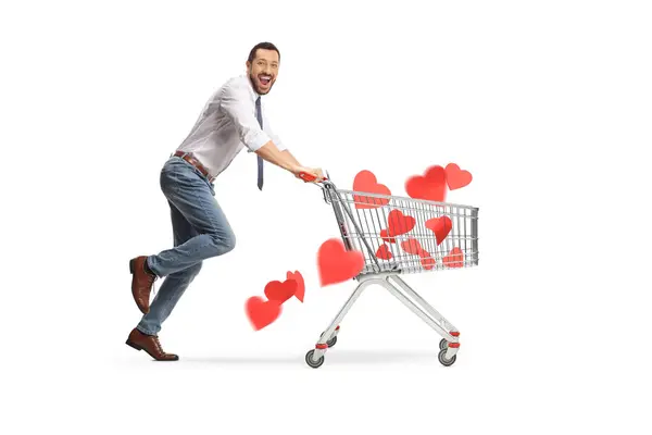 Man Love Running Hearts Shopping Cart Isolated White Background — Stock Photo, Image