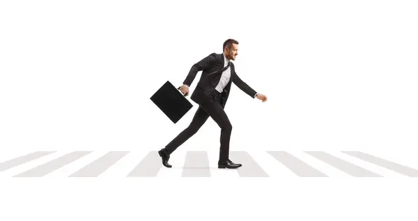 Full Length Profile Shot Businessman Briefcase Running Pedestrian Zebra Crossing — Stock Photo, Image