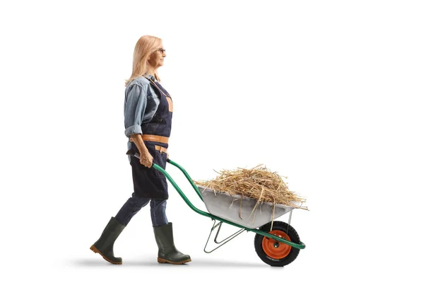 Full Length Profile Shot Female Farmer Walking Hay Wheelbarrow Isolated — Stock Photo, Image