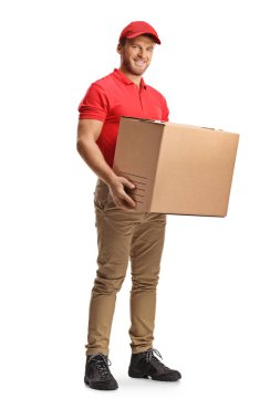 Courier holding a cardboard package isolated on white background