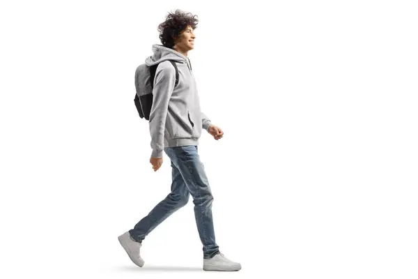 Full Length Profile Shot Caucasian Male Student Walking Smiling Isolated — Stock Photo, Image