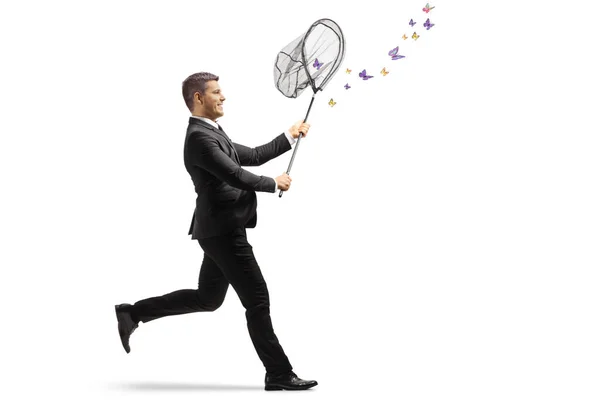 Businessman Running Catching Butterflies Net Isolated White Background — Stock Photo, Image