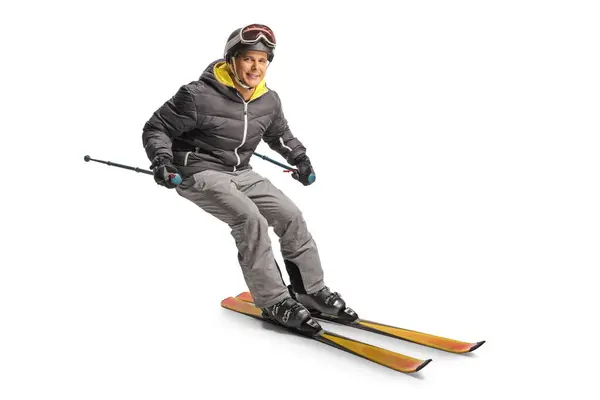 Hombre Esquiando Inclinándose Hacia Lado Aislado Sobre Fondo Blanco — Foto de Stock