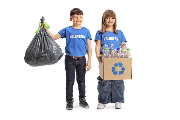 Kinder Freiwillige Halten Einen Müllsack Und Recycling Box Isoliert Auf — Stockfoto
