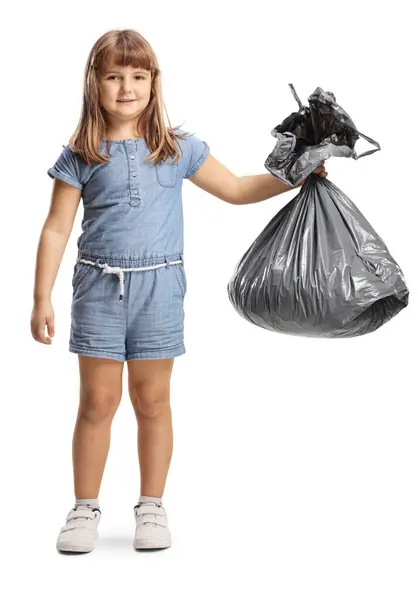 Little Girl Holding Plastic Bin Bag Isolated White Background — Stock Photo, Image