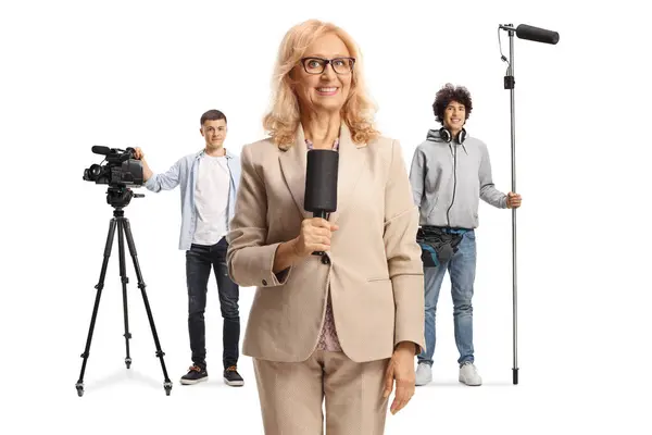 Female Reporter Microphone Boom Camera Operators Recording Equipment Isolated White — Stock Photo, Image