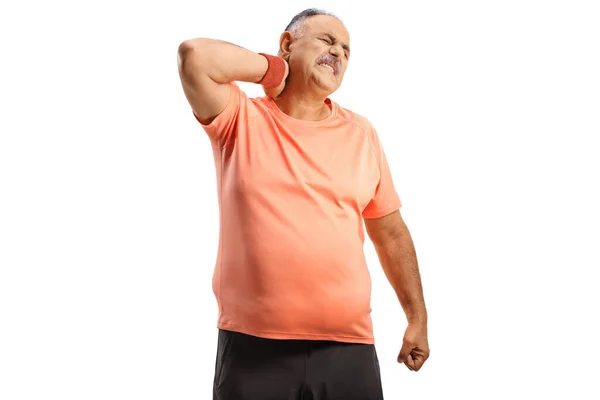 Starší Muž Sportovním Oblečení Bolestí Krku Izolované Bílém Pozadí — Stock fotografie