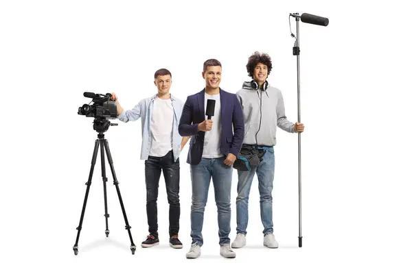 Man Microphone Team Boom Camera Operators Recording Equipment Isolated White — Stock Photo, Image