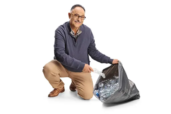 Mature Man Collecting Plastic Bottles Waste Bag Isolated White Background — Stock Photo, Image