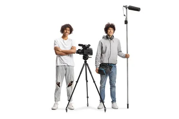 Boom Camera Operators Holding Microphone Smiling Isolated White Background — Stock Photo, Image
