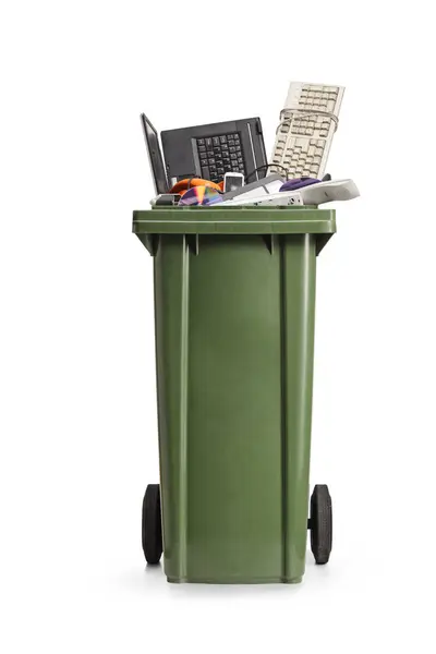 Waste Bin Old Electronic Devices Laptop Computer Keyboard Mobile Phone — Stock Photo, Image