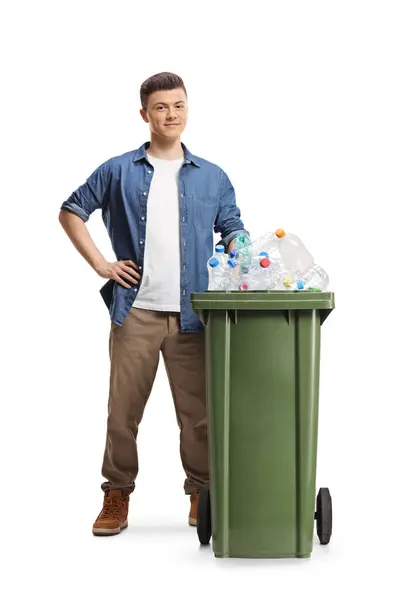 Young Man Standing Bin Plastic Bottles Recycling Isolated White Background — Stock Photo, Image