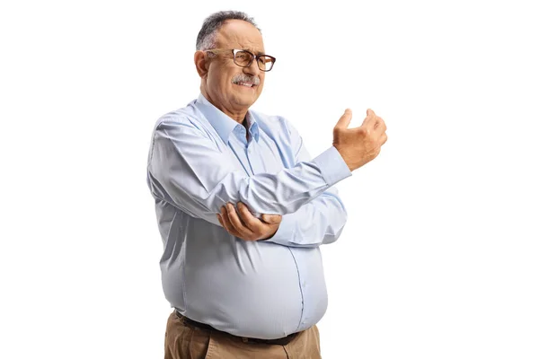 Ältere Mann Erleben Schmerzen Ellbogen Isoliert Auf Weißem Hintergrund — Stockfoto