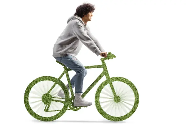 Хлопець Їде Зеленим Екологічно Чистим Велосипедом Ізольовано Білому Тлі — стокове фото