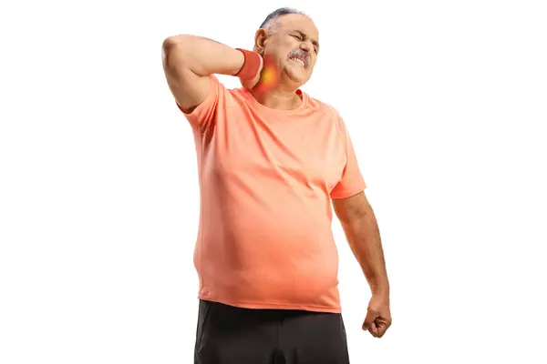 Ältere Mann Sportbekleidung Mit Nackenschmerzen Isoliert Auf Weißem Hintergrund — Stockfoto