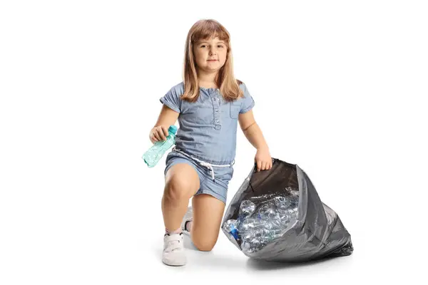 Little Girl Collecting Plastic Bottles Bag Smiling Camera Isolated White — Stock Photo, Image
