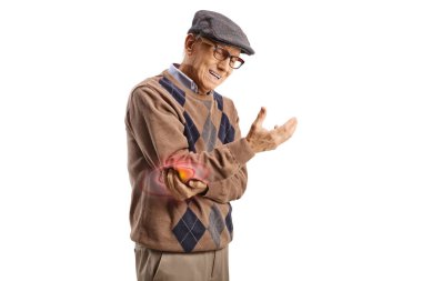 Yaşlılarda kemik erimesi, beyaz arka planda dirsek tutan adam.