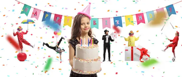 Birthday Celebration Girl Cake Clowns Magicians Perfoming Back Isolated White — Stock Photo, Image