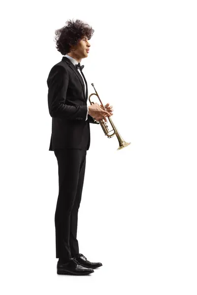 Profile Shot Young Male Musician Black Suit Standing Holding Trumpet — Stock Photo, Image