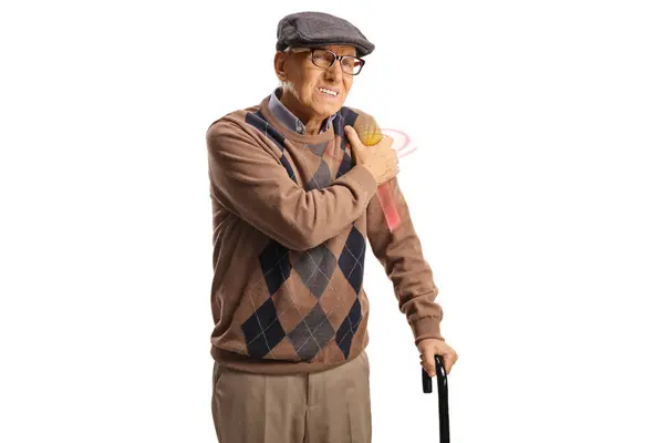 Osteoporoza Osoby Starsze Mężczyzna Trzymający Ramię Czerwoną Kością Wyizolowaną Białym — Zdjęcie stockowe