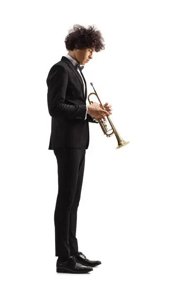 Profile Shot Young Male Musician Black Suit Trumpet Isolated White — Stock Photo, Image