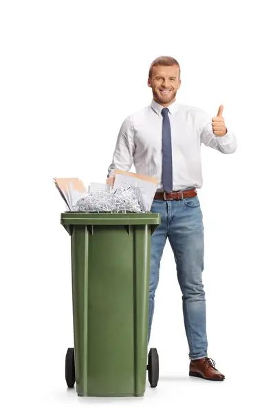 Businessman Standing Bin Paper Waste Gesturing Thumbs Isolated White Background — Stock Photo, Image