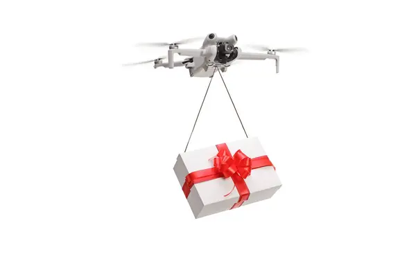 Antenne Drone Leveren Van Een Geschenk Doos Met Rood Lint — Stockfoto