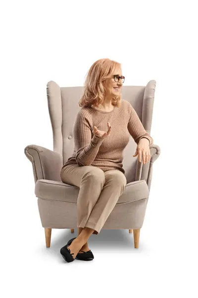 Middle Aged Woman Sitting Armchair Looking Side Isolated White Background — Stock Photo, Image