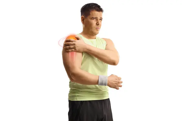 Sportsman Pain Holding His Injured Shoulder Isolated White Background — Stock Photo, Image