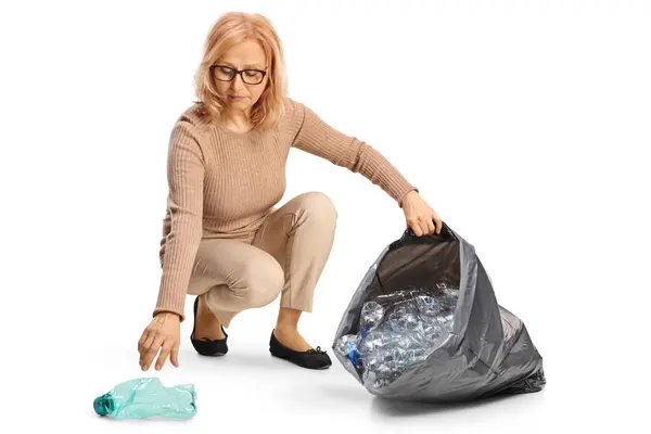 Woman Collecting Plastic Bottles Recycling Black Waste Bag Isolated White — Stock Photo, Image
