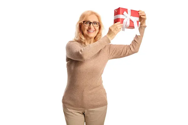Mutlu Orta Yaşlı Kadın Beyaz Arka Planda Izole Edilmiş Bir — Stok fotoğraf