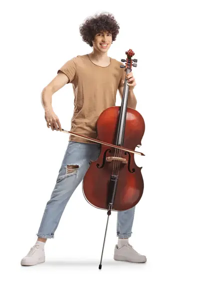 Trendy Young Man Playing Cello Isolated White Background — Stock Photo, Image