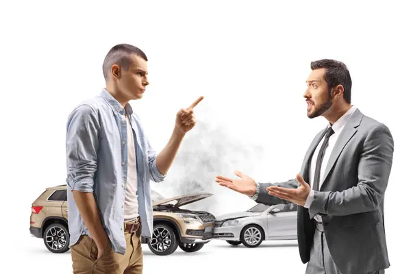 Men Arguing Car Collision Isolated White Background — Stock Photo, Image